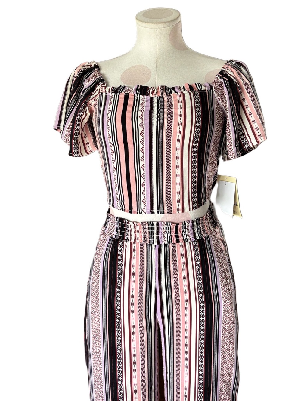 Pink Multi Stripe Two Piece Set Crop Top Wide Leg Pants S/XS - Picture 6 of 8